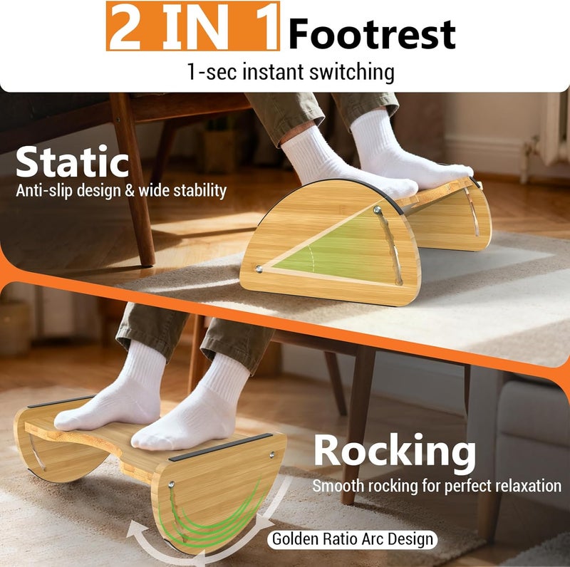 FOXHIVE Bamboo Foot Rest for Under Desk at Work - Reversible Rocking Under Desk Footrest 2-in-1 with 6 Adjustable Heights, Ergonomic Foot Rest Under Desk with Anti-Slip Surface for Home, Office and Gaming - Image 2